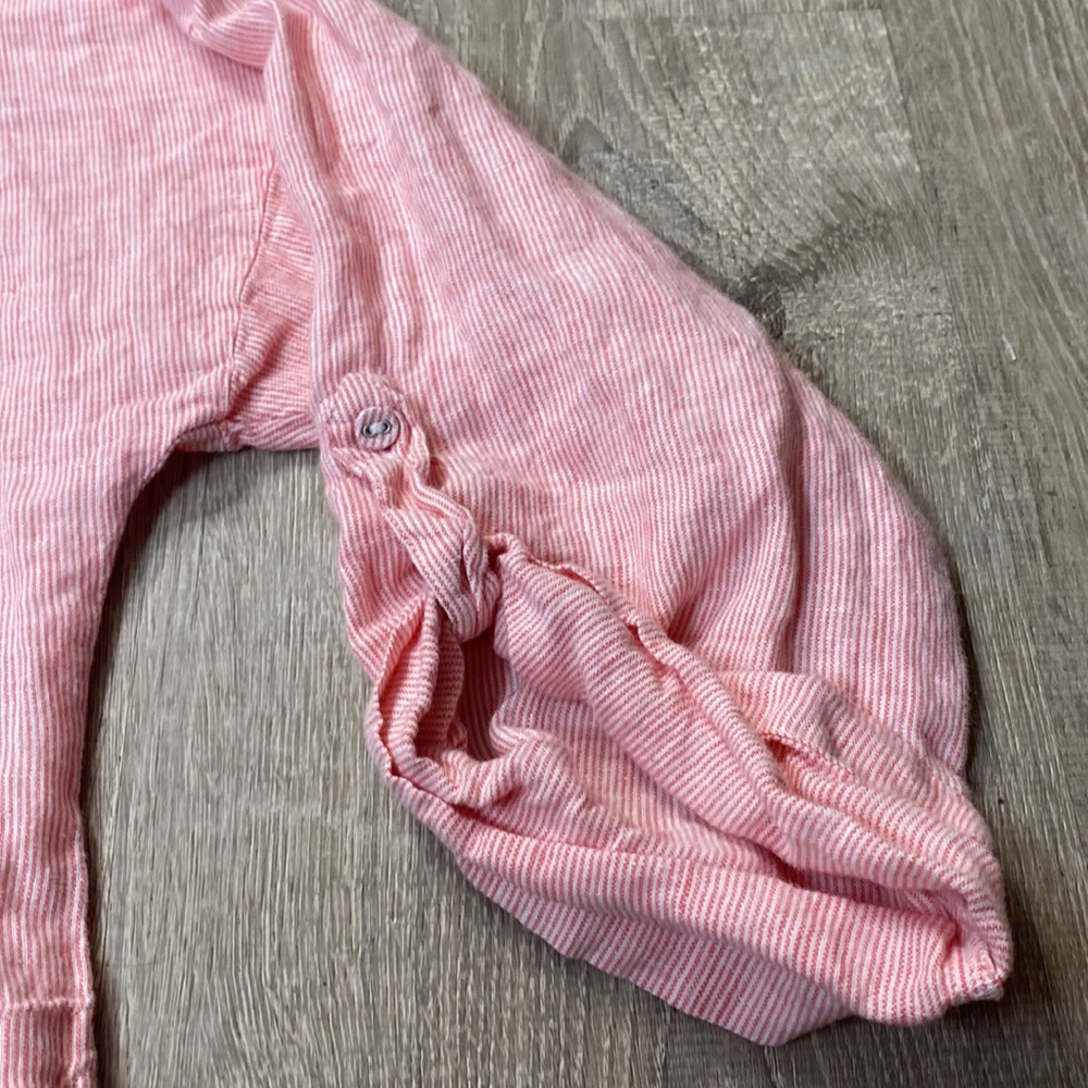 Chico's Womens Sz 0 Button Up Roll Sleeve Striped Linen Tunic Pink Pockets - Picture 5 of 5